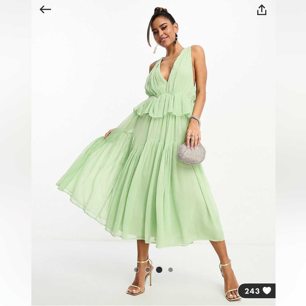 ASOS DESIGN plunge pleated tiered midi dress in sage green